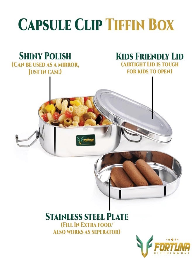 FORTUNA KITCHENWARE Stainless Steel Tiffin Box for Kids | Stainless Steel Lunch Box for Kids & Office | Steel Seperator Plate & Locking Clip | Friendly Lid, Rectangle Shape (Capsule, Medium) - Image 3